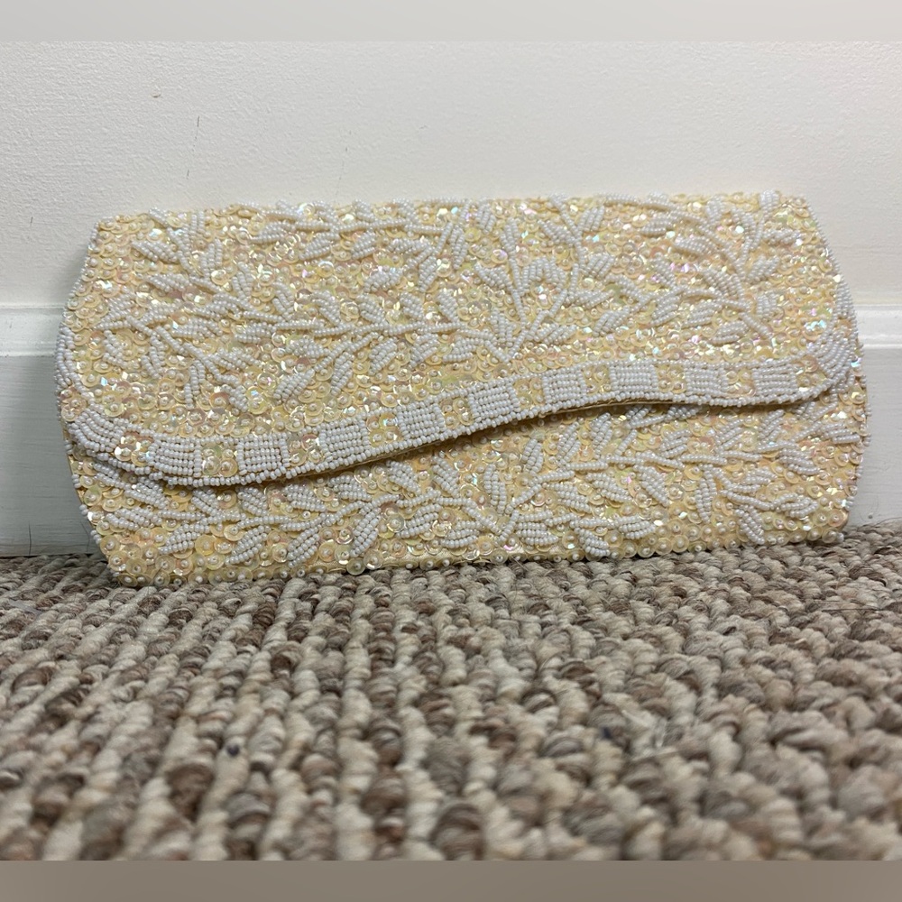 La Regale Beaded Cream and White Evening Clutch